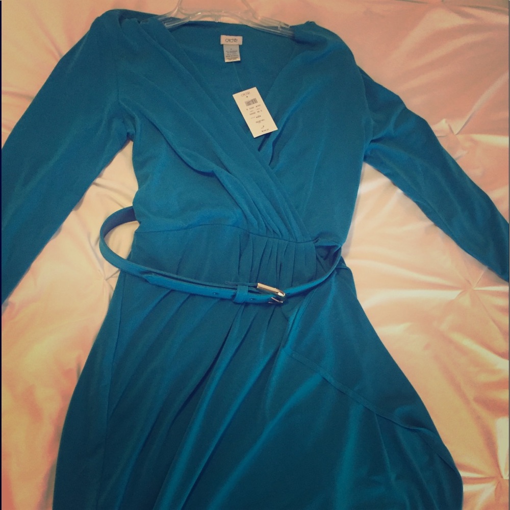 Beautiful teal blue belted faux wrap dress